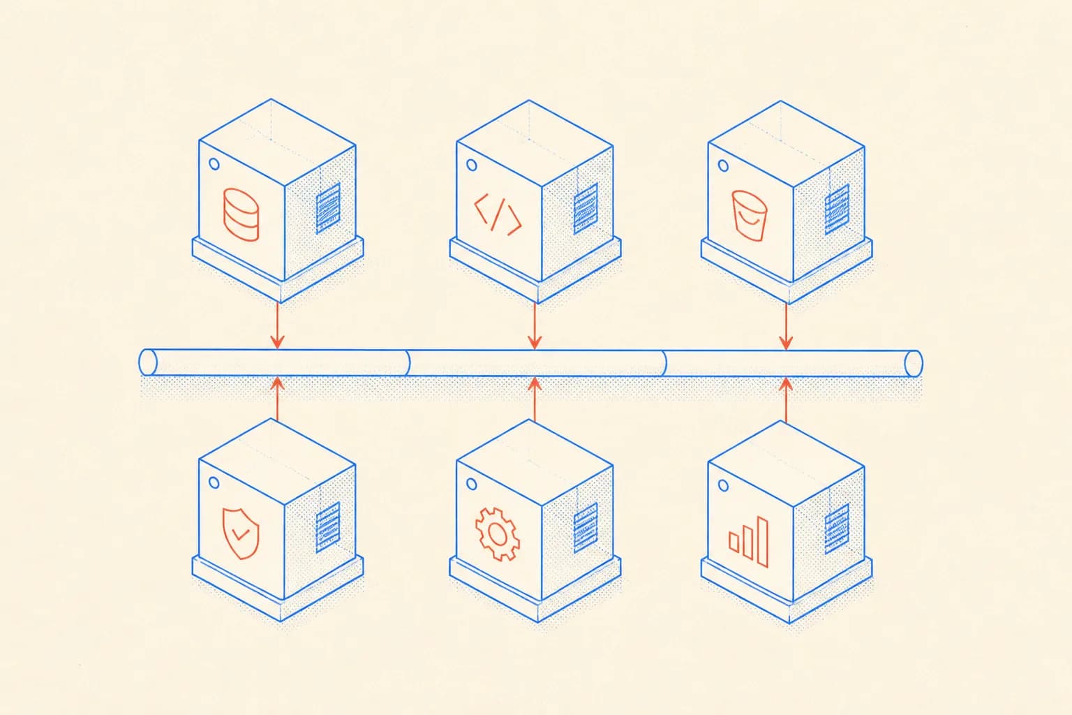 Isometric diagram of Docker Compose services connected by a shared network