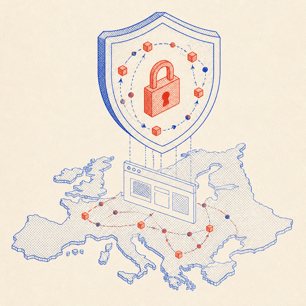 A shield and padlock over a website frame with data contained within an EU map outline