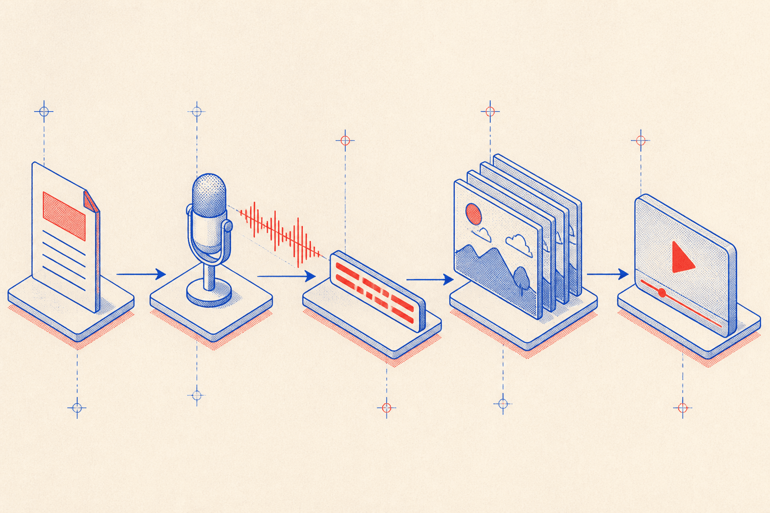 Isometric diagram of the video pipeline: prompt to voice to captions to animated scenes to a rendered video clip