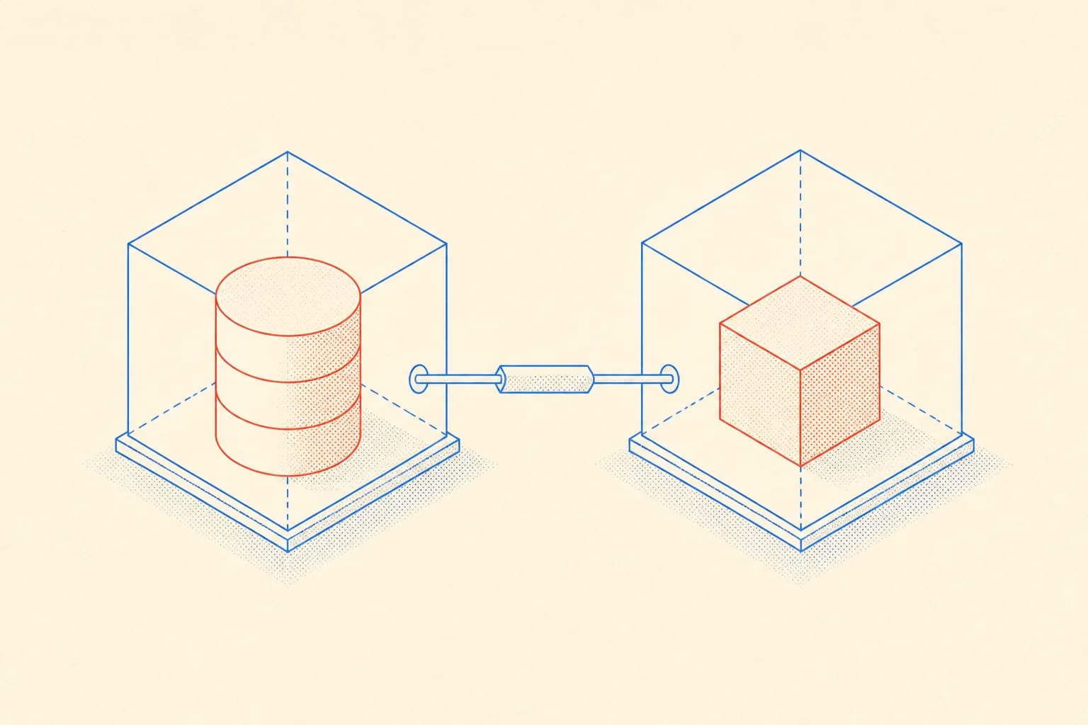 Isometric diagram of MySQL container sitting next to an app container with Prisma as the connector layer