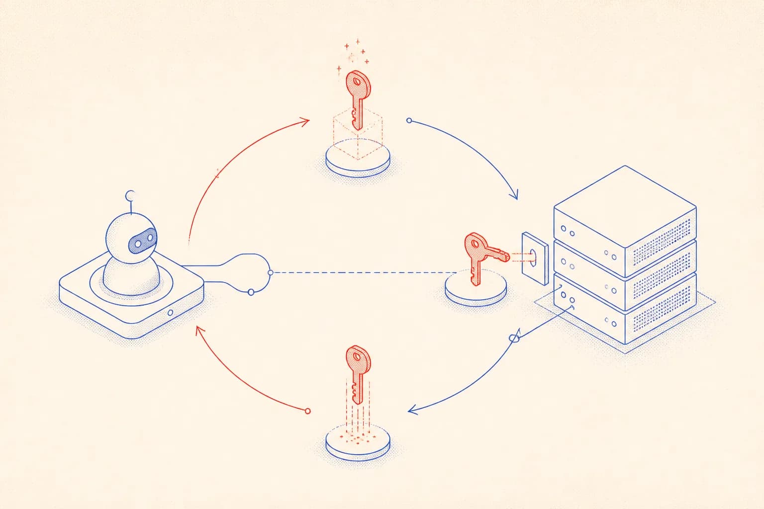 Isometric schematic of an AI agent calling the Ploi API to mint an ephemeral SSH key, connect to a VPS, and then delete the key