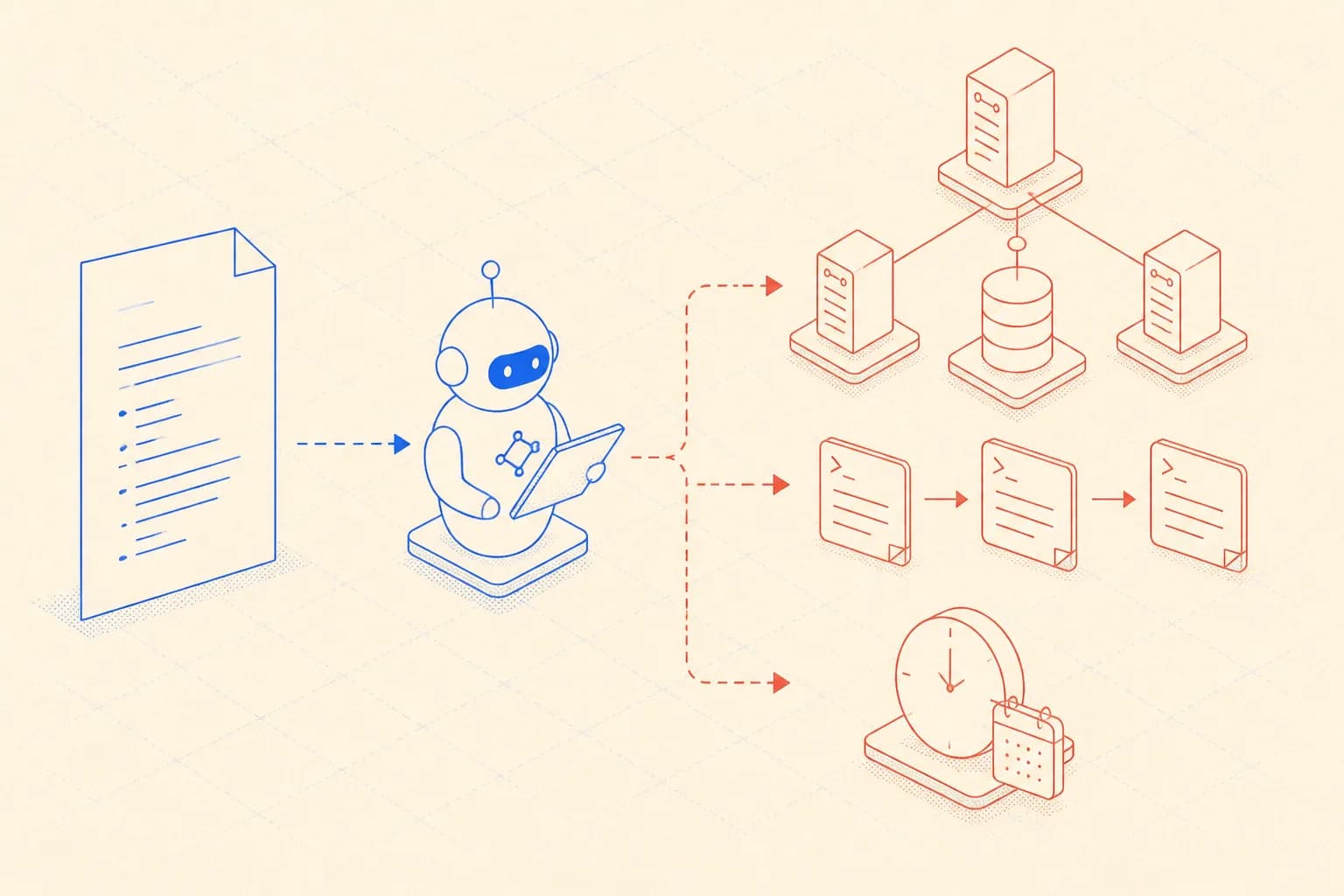 Schematic diagram of an AI agent reading an AGENTS.md markdown memory file and mapping it to Ploi API calls and server topology