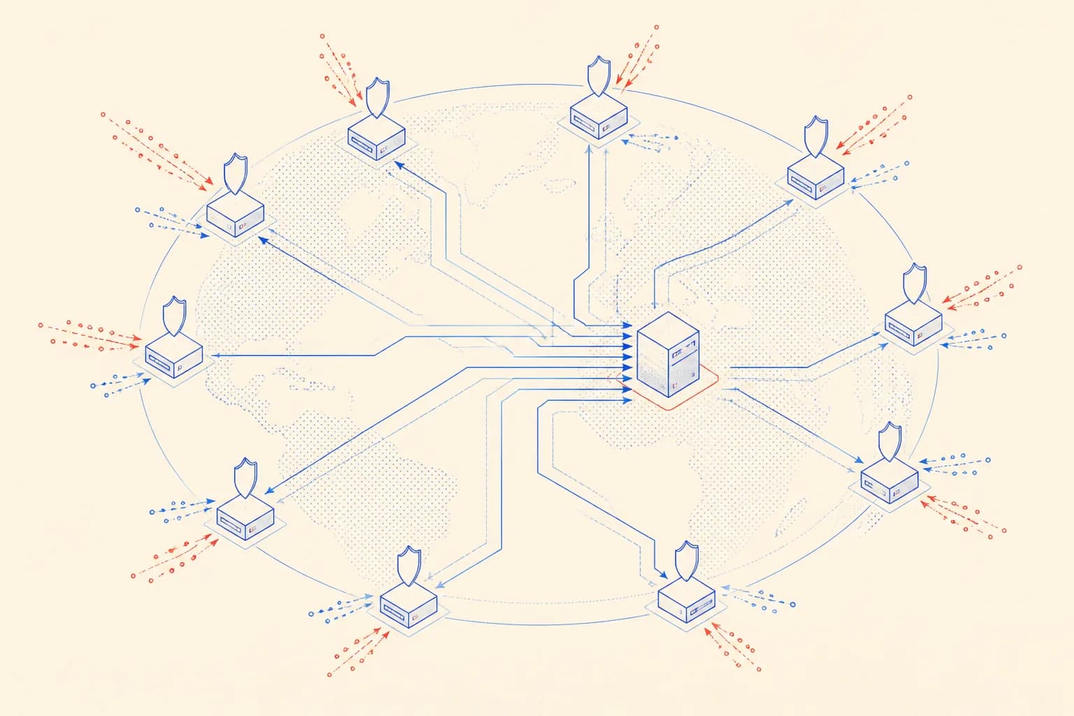 Isometric schematic of a Cloudflare edge network sitting between the internet and a single Hetzner VPS origin