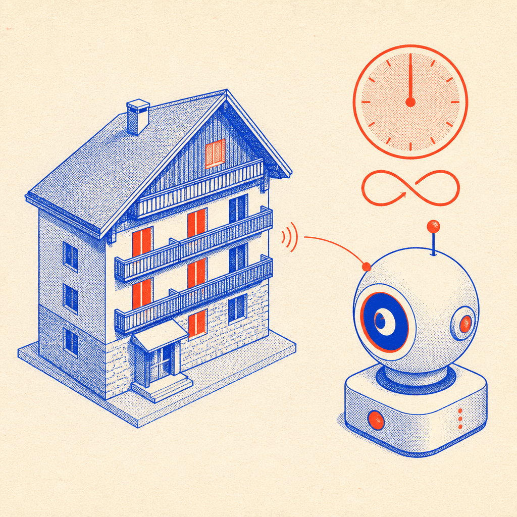 Always-on AI assistant shown beside an alpine lodging icon, with a 24/7 indicator and night-time clock