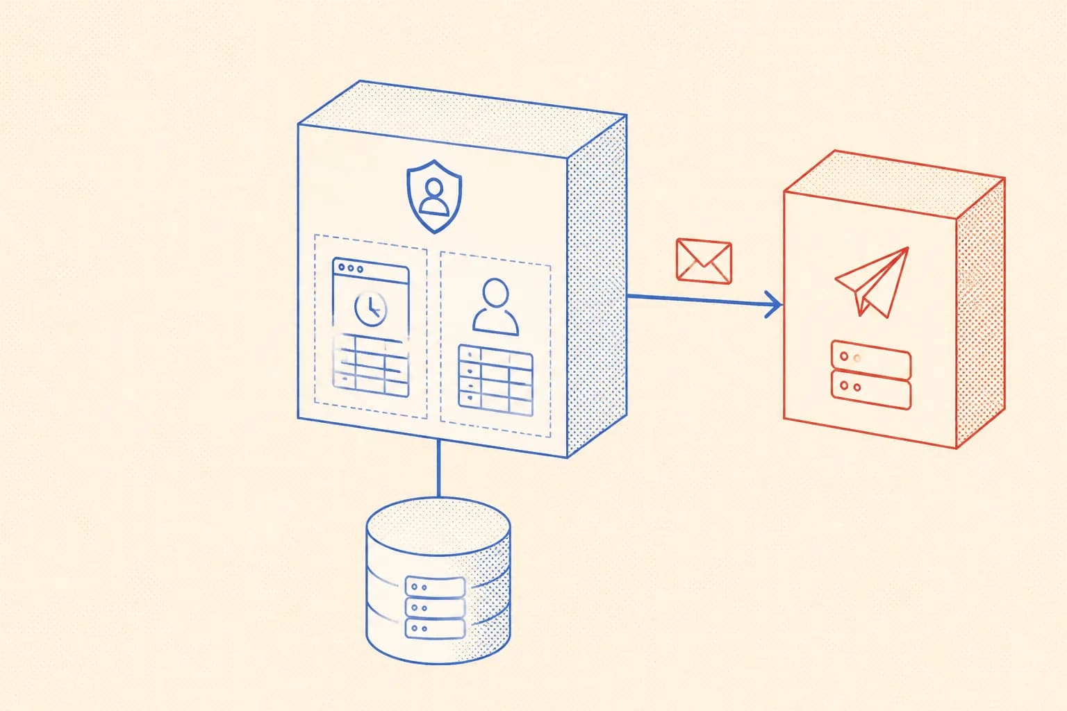 Isometric schematic of Better Auth sitting between the app and database, with an arrow pointing to Resend for outbound email delivery