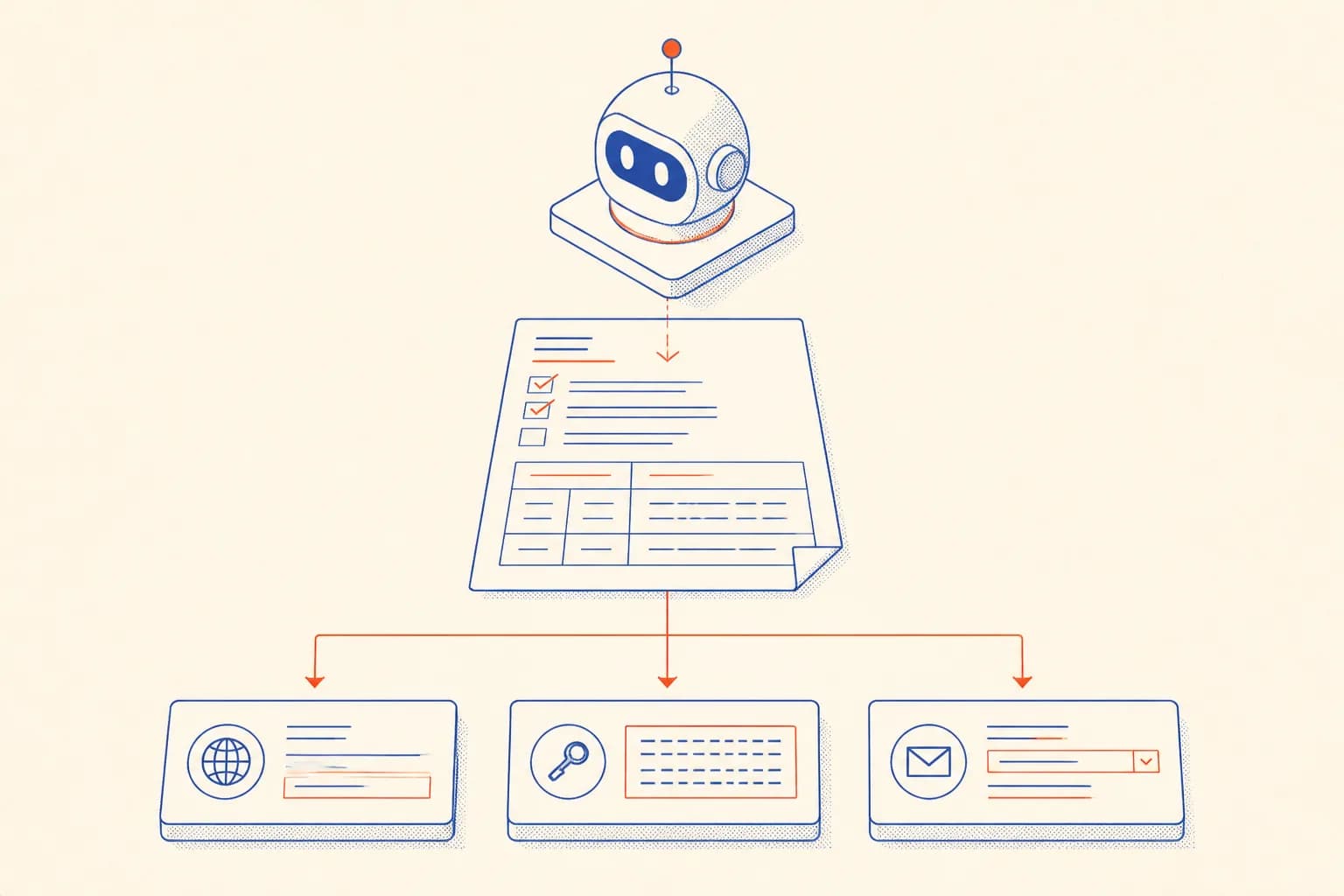 Schematic of an AI agent reading an AGENTS.md file containing sending domain, from address, and DNS checklist, then configuring email settings correctly