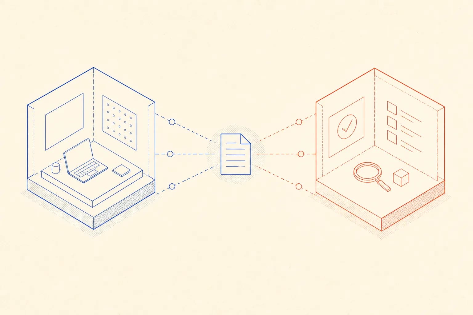 Schematic of a two-pass verification loop: write session and separate verify session connected by a markdown memory file