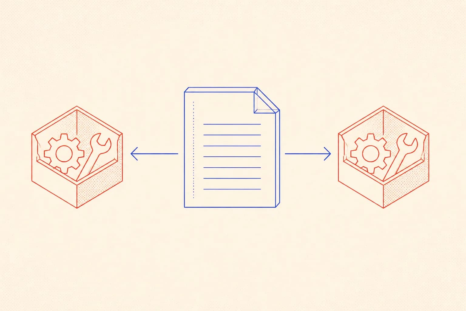 Schematic diagram showing an AGENTS.md file feeding context into two separate AI coding agent sessions, ensuring consistent conventions across sessions