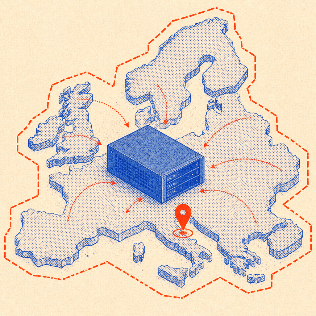 Isometric diagram of a server block inside an EU boundary outline with a South Tyrol location pin, data staying local