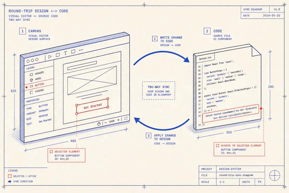 Riso-style diagram of a visual editor canvas on the left with a selected UI element, an arrow writing the change back into a code file on the right, illustrating round-trip between design and source, in blue and red on cream
