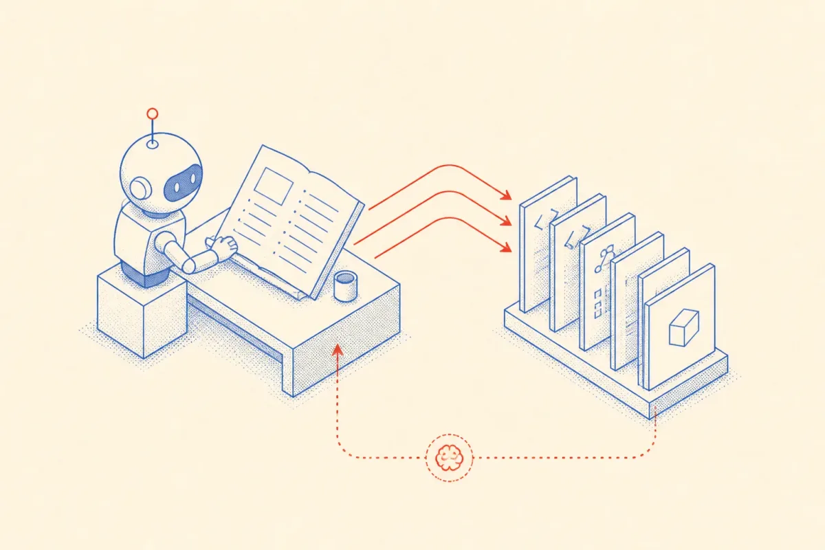 Schematic diagram showing an AI agent reading a markdown memory file and connecting to a codebase