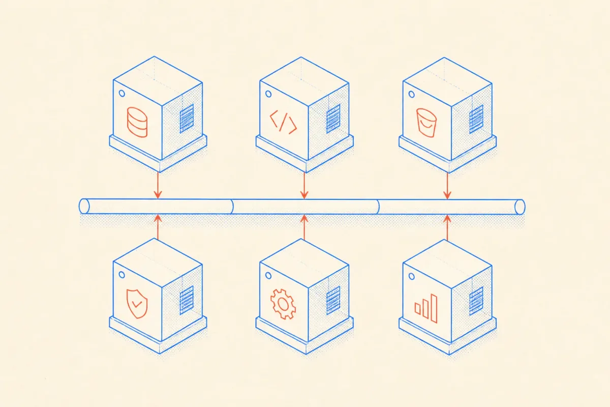 Isometric diagram of Docker Compose services connected by a shared network