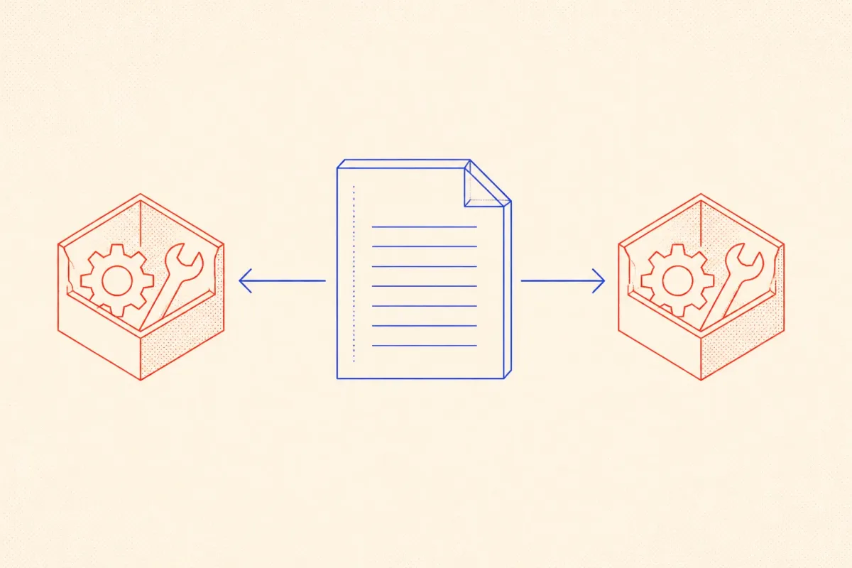 Schematic diagram showing an AGENTS.md file feeding context into two separate AI coding agent sessions, ensuring consistent conventions across sessions