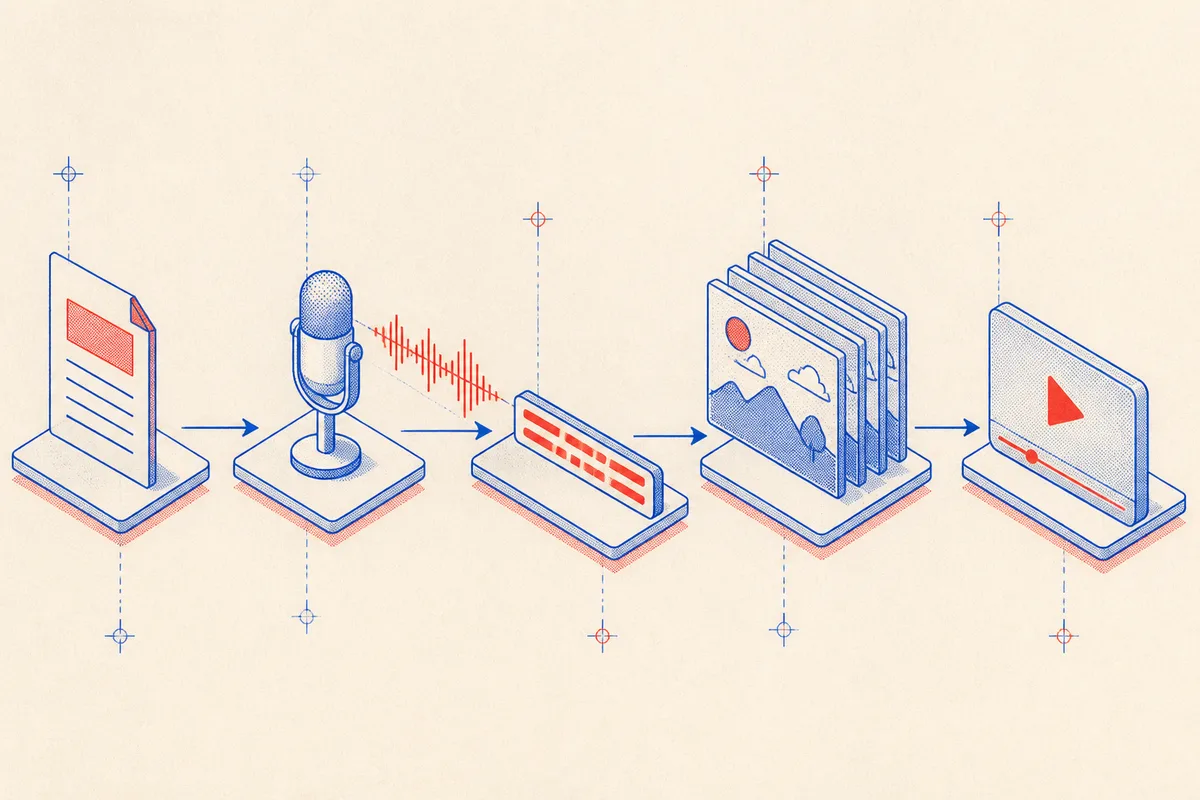Isometric diagram of the video pipeline: prompt to voice to captions to animated scenes to a rendered video clip