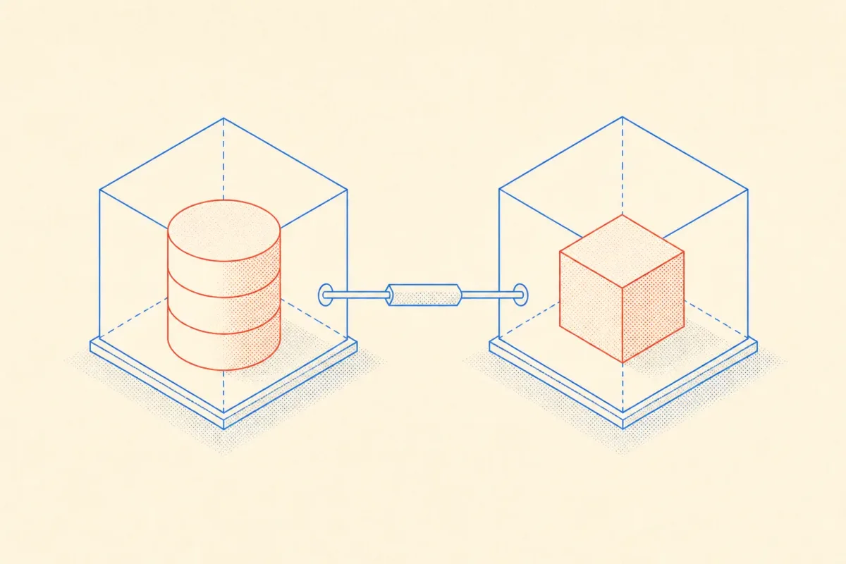 Isometric diagram of MySQL container sitting next to an app container with Prisma as the connector layer