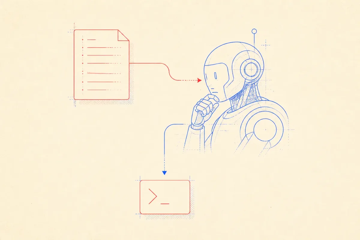 Schematic diagram of an AI agent reading a markdown memory file and executing database migration commands