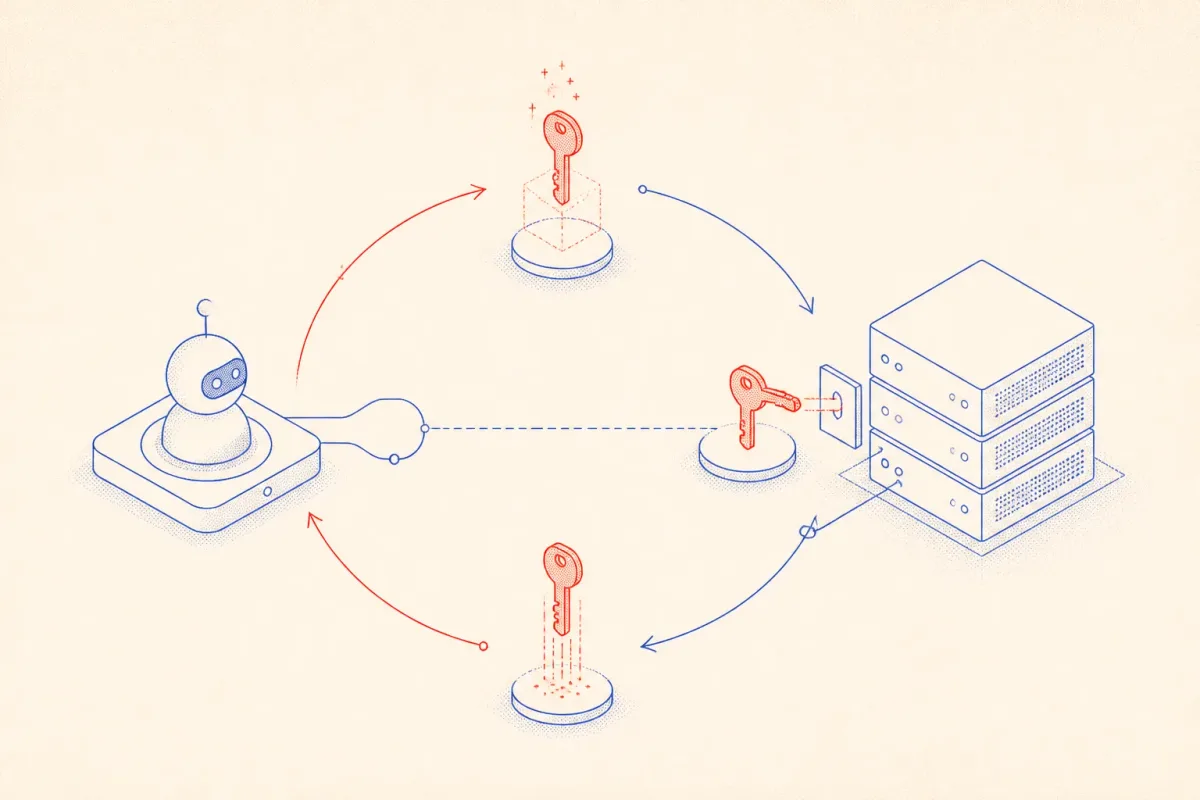 Isometric schematic of an AI agent calling the Ploi API to mint an ephemeral SSH key, connect to a VPS, and then delete the key