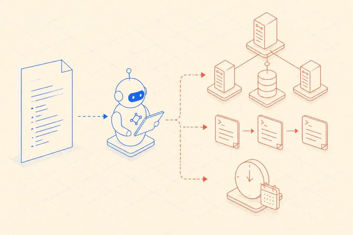 Schematic diagram of an AI agent reading an AGENTS.md markdown memory file and mapping it to Ploi API calls and server topology