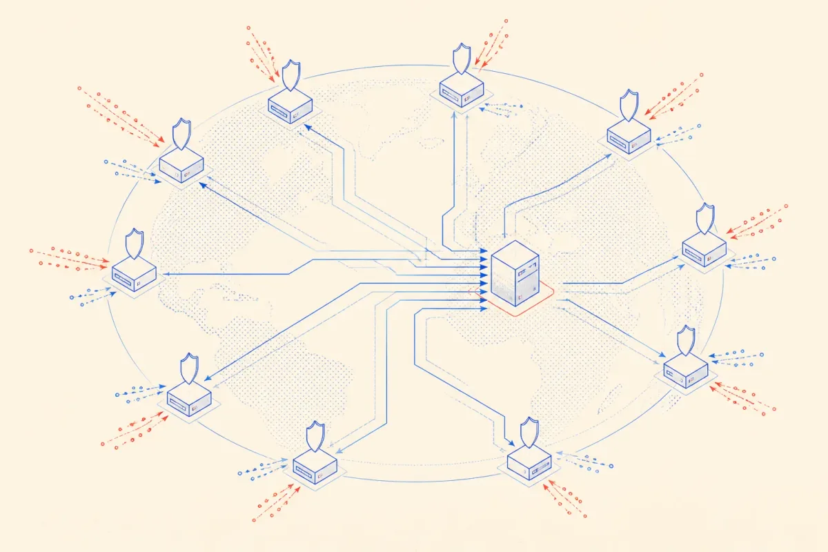 Isometric schematic of a Cloudflare edge network sitting between the internet and a single Hetzner VPS origin