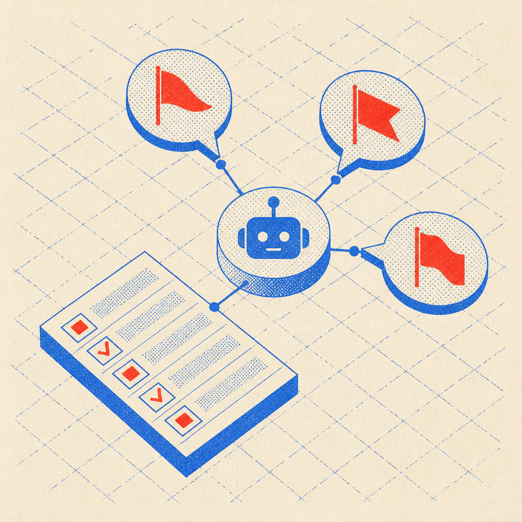Diagramm eines KI-Assistentenknotens, der mit einem Wissensdokument verbunden ist, mit mehrsprachigen Gäste-Chat-Blasen auf Deutsch, Italienisch und Englisch