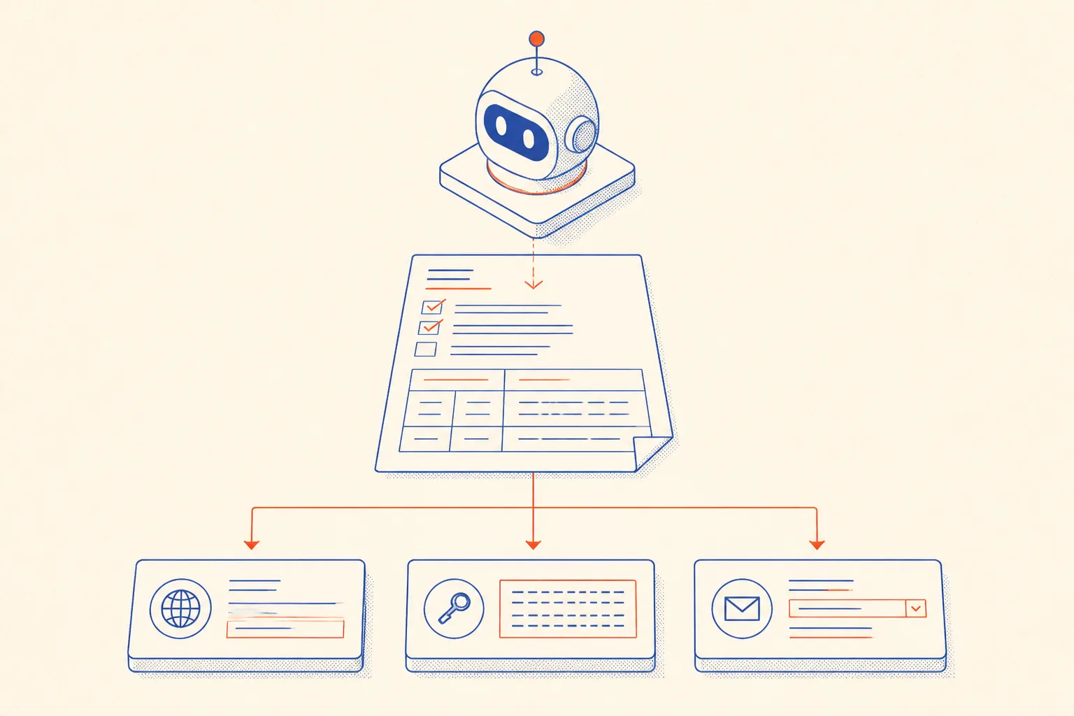 Schematic of an AI agent reading an AGENTS.md file containing sending domain, from address, and DNS checklist, then configuring email settings correctly
