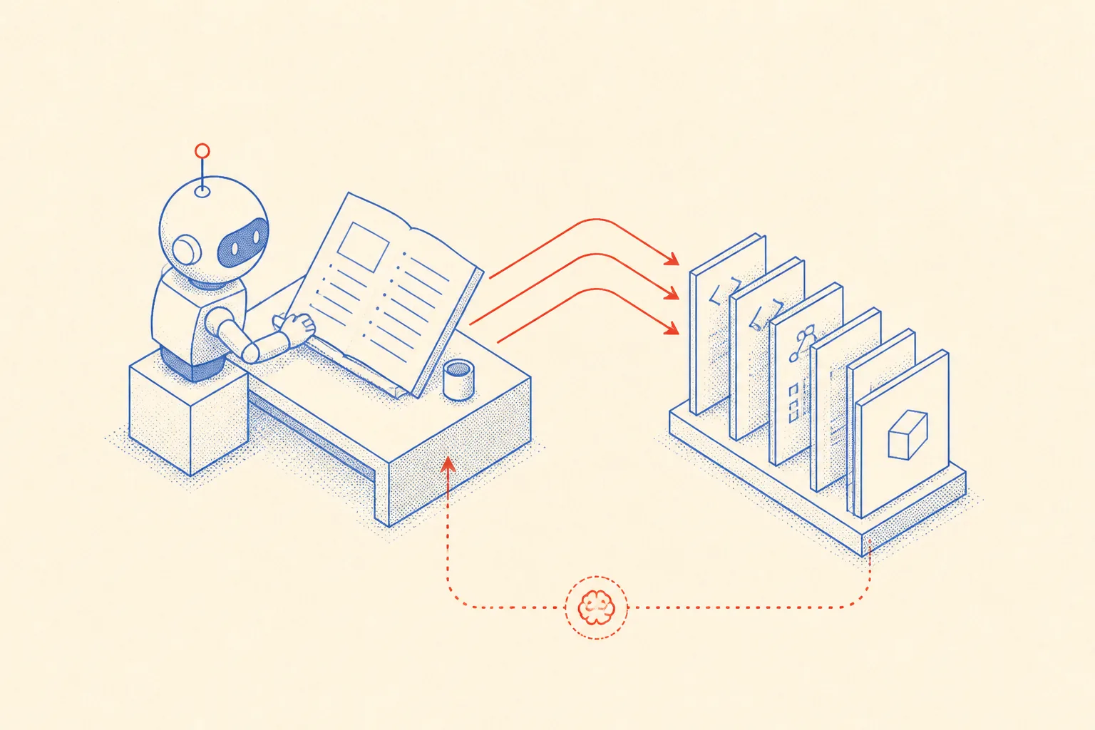 Schematic diagram showing an AI agent reading a markdown memory file and connecting to a codebase