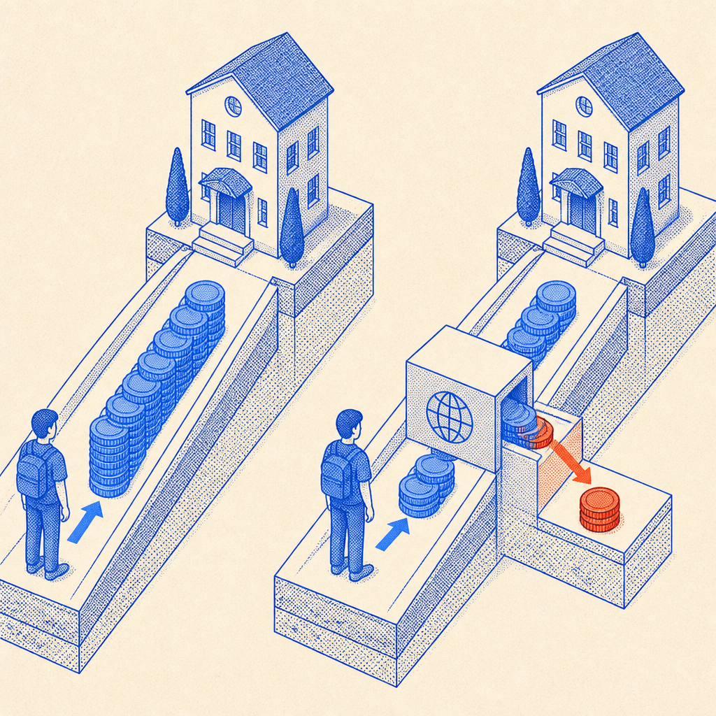 Isometric diagram showing a direct booking path from guest to lodging versus a portal path where a slice of payment is skimmed off before reaching the host
