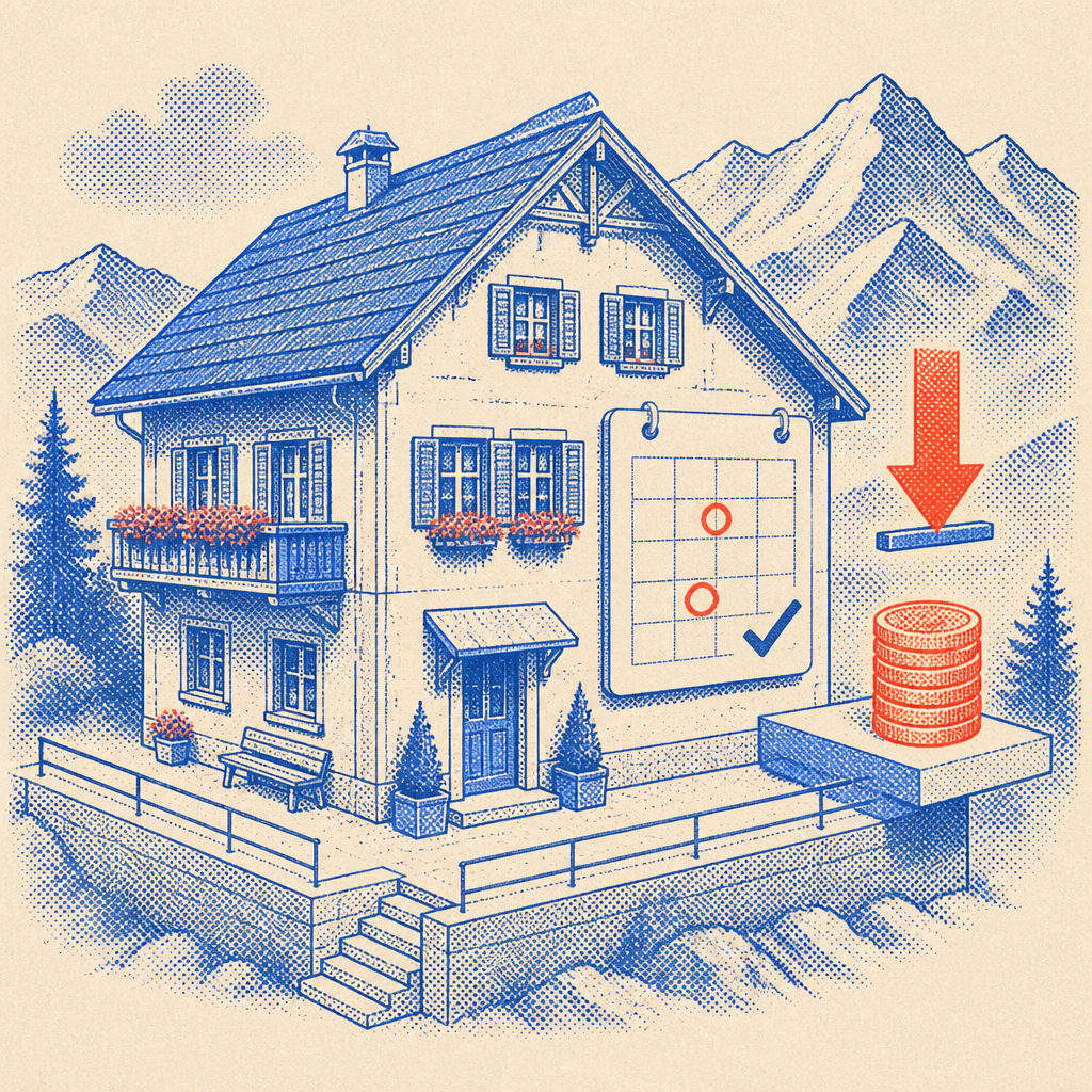 Isometric alpine lodging with a direct-booking calendar widget showing confirmed dates, a checkmark, and coins retained by the host rather than paid to a portal