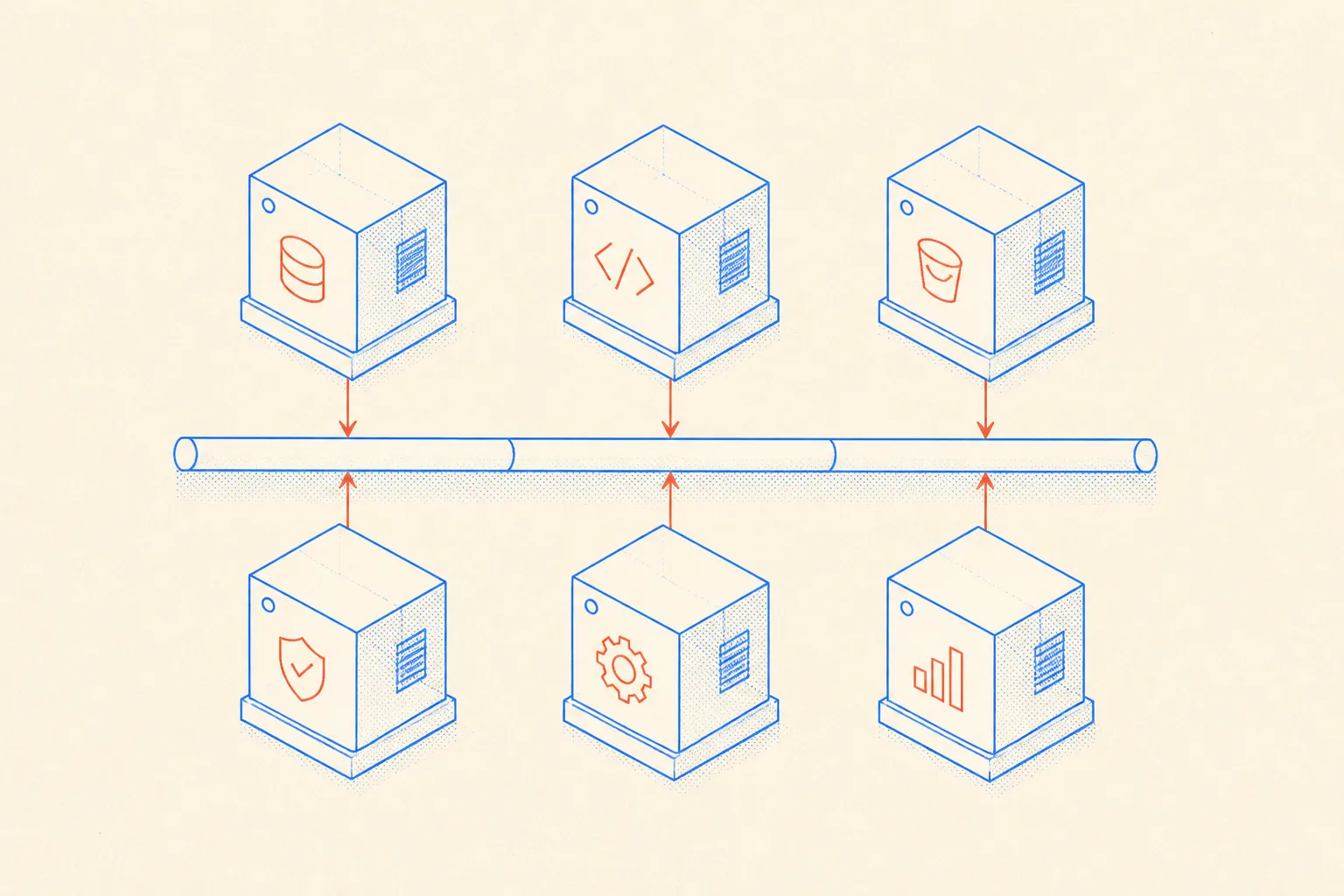 Diagramma isometrico dei servizi Docker Compose connessi da una rete condivisa