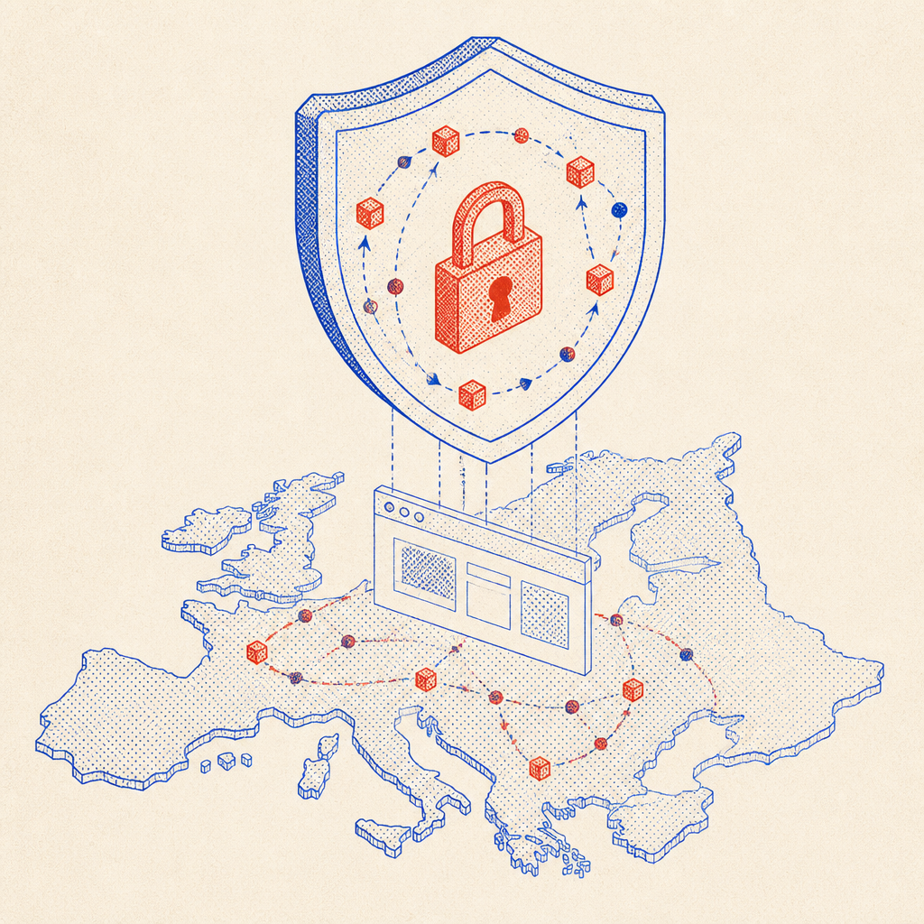 Uno scudo e un lucchetto sopra la struttura di un sito web con i dati contenuti all'interno del profilo dell'UE