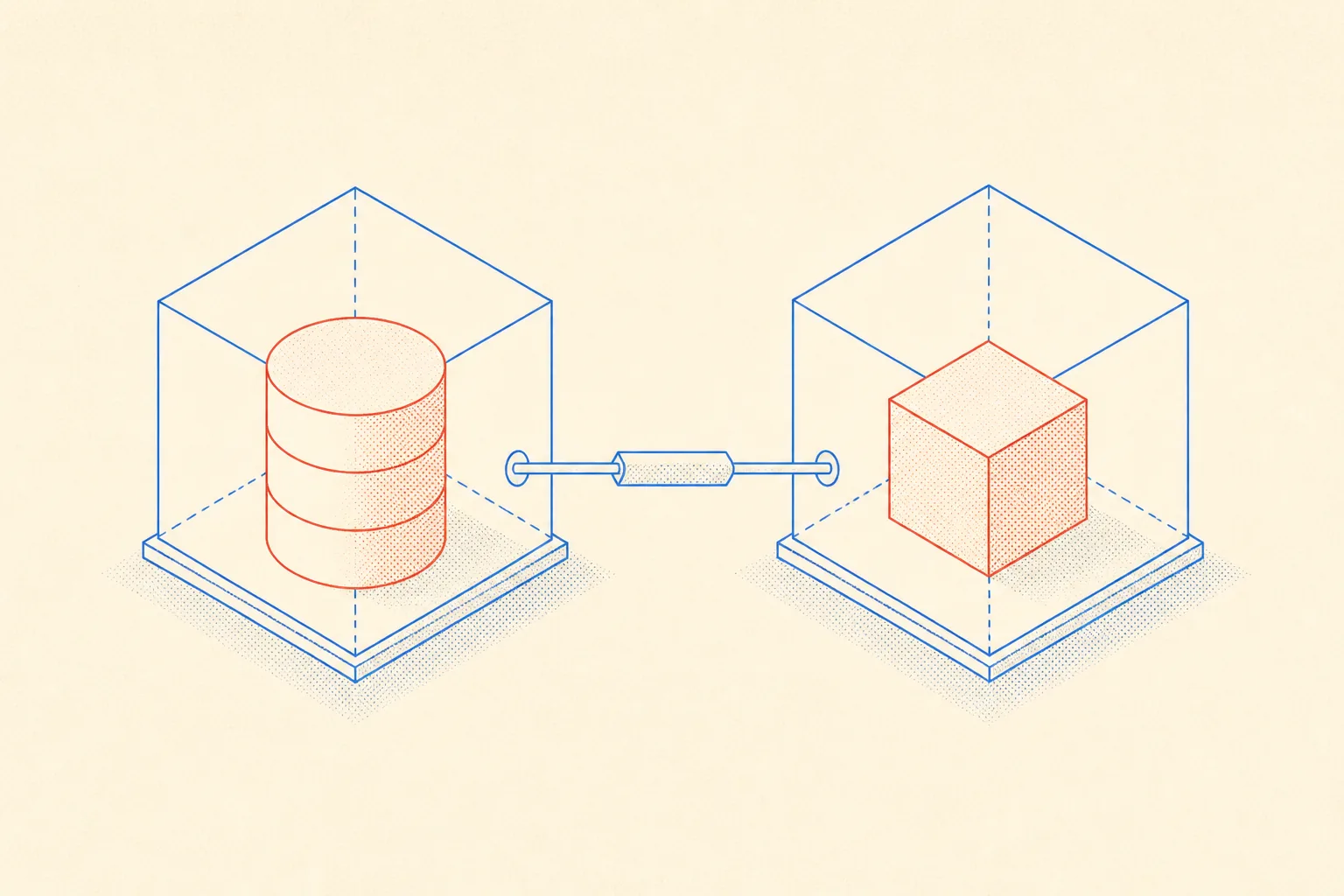 Isometric diagram of MySQL container sitting next to an app container with Prisma as the connector layer