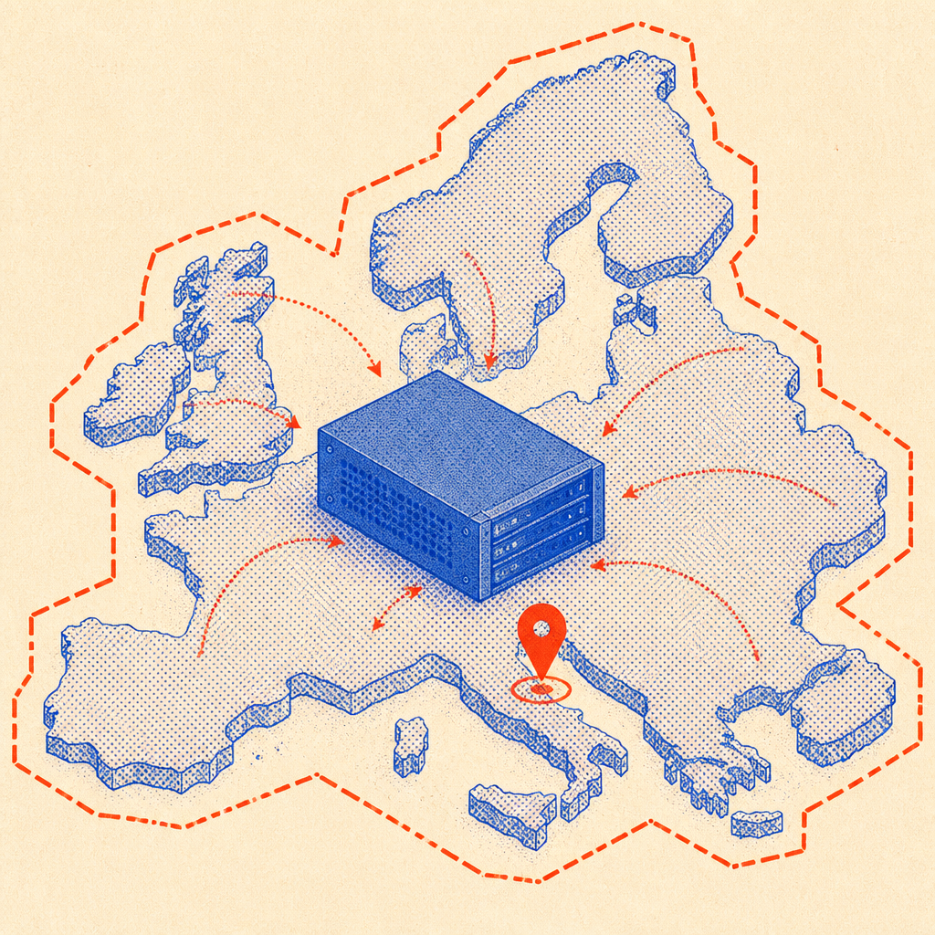 Isometric diagram of a server block inside an EU boundary outline with a South Tyrol location pin, data staying local