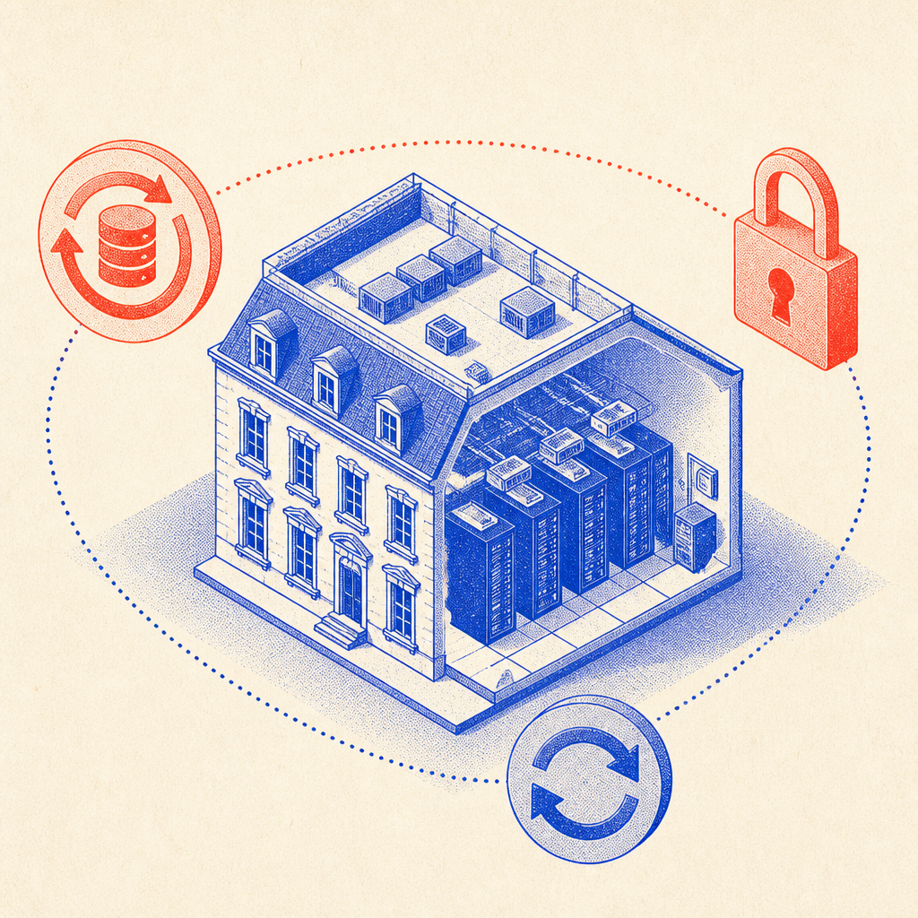 Isometric European data center with backup, lock, and auto-renew cycle icons