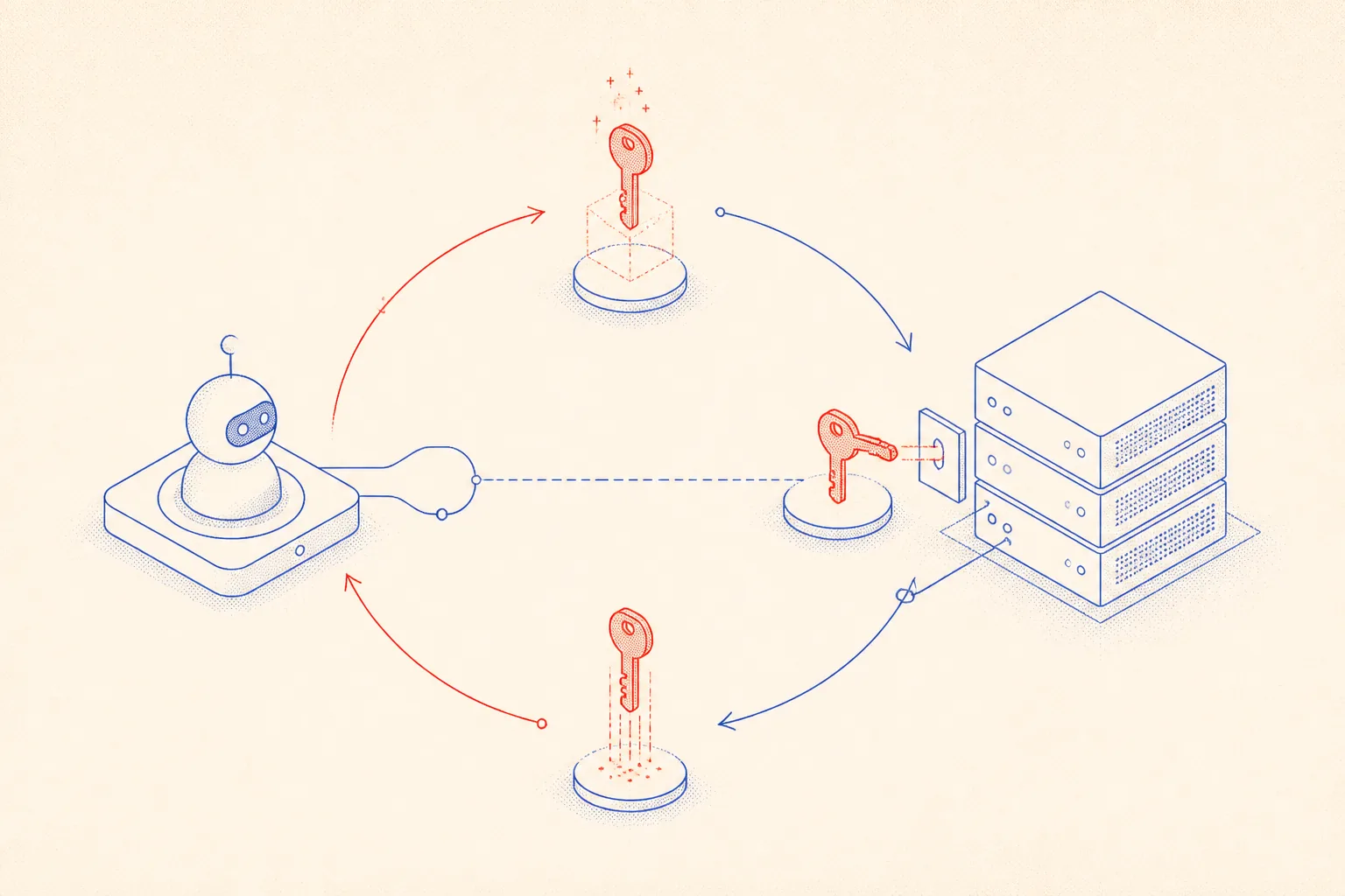Isometric schematic of an AI agent calling the Ploi API to mint an ephemeral SSH key, connect to a VPS, and then delete the key