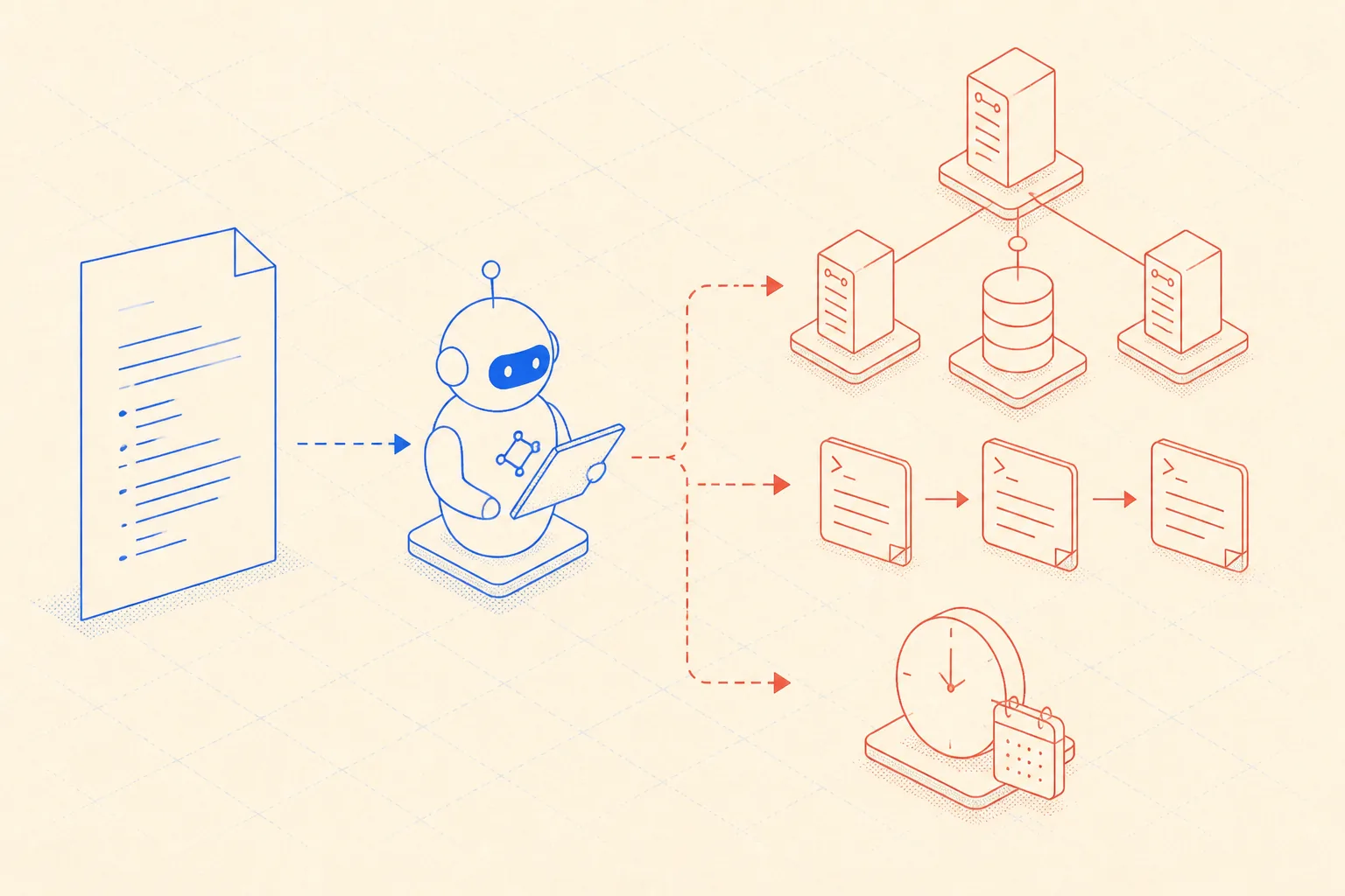 Schematic diagram of an AI agent reading an AGENTS.md markdown memory file and mapping it to Ploi API calls and server topology
