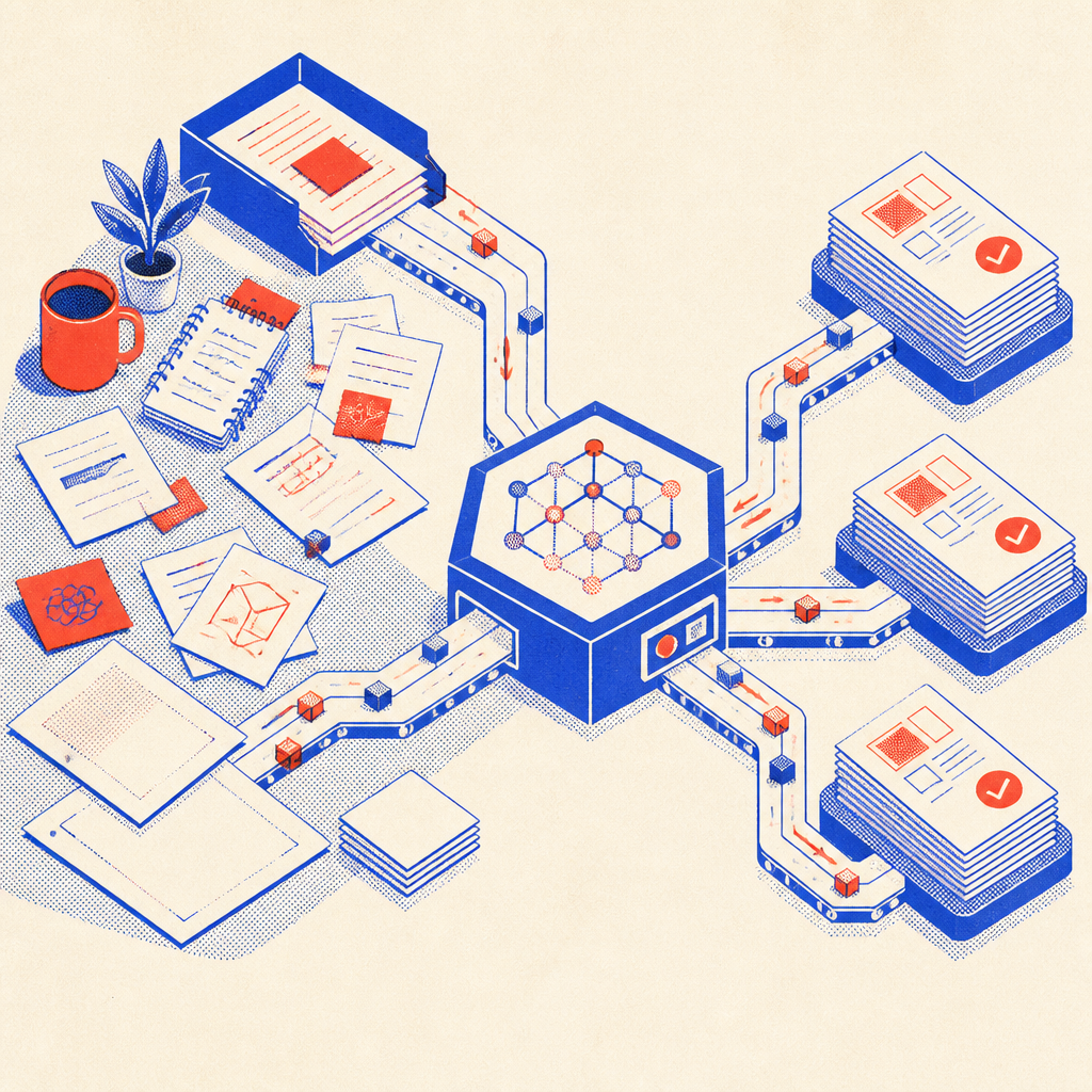 Isometric illustration of a small-business desk with repetitive tasks, inquiries, notes, descriptions, flowing into an AI processing node and emerging as polished drafts