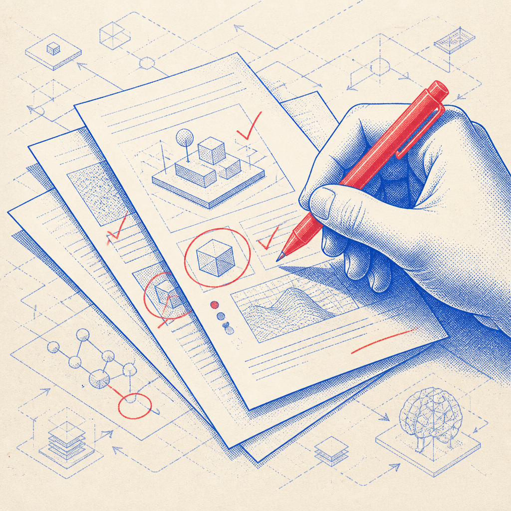 A human hand reviewing and marking up AI-drafted documents on a desk, red pen corrections visible, showing the human-in-the-loop approval step