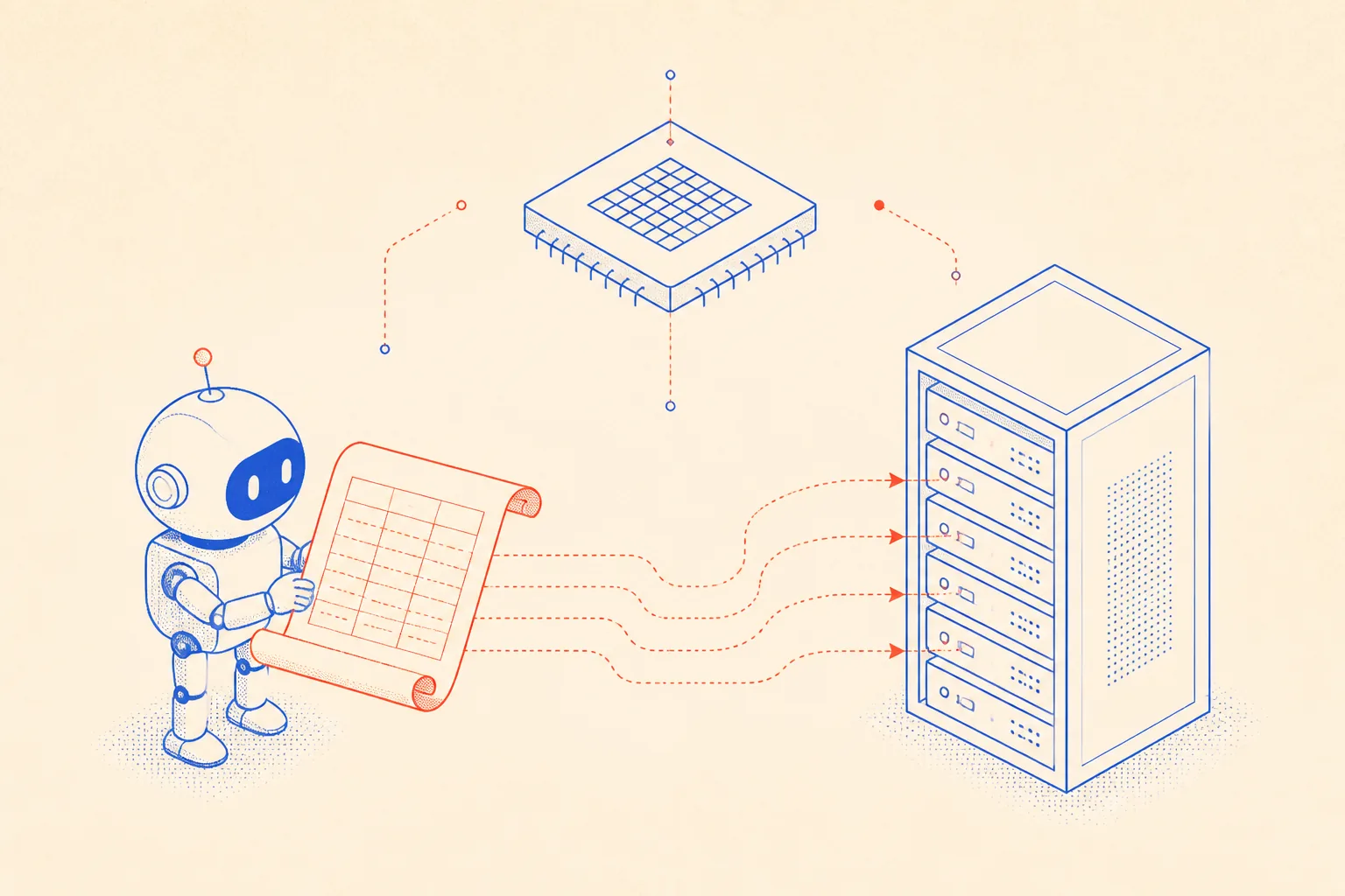 Schemă a unui agent AI de coding care citește un runbook AGENTS.md pentru a executa operații server fără input uman