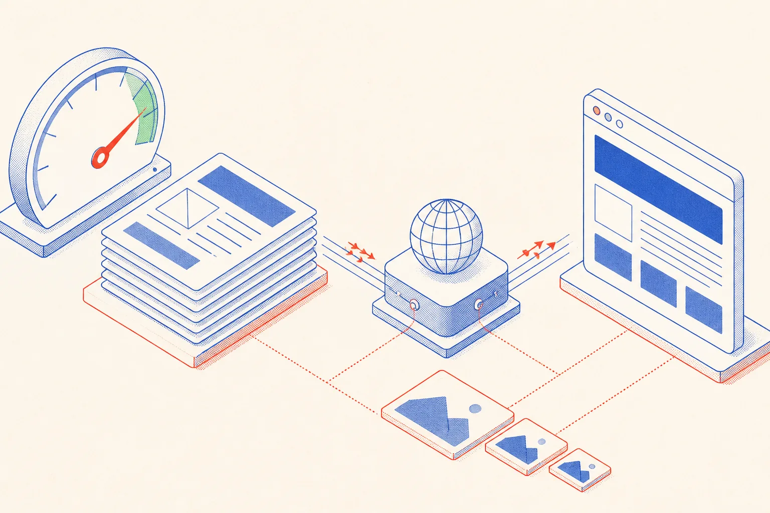 Diagram of static HTML and right-sized images producing a fast page load