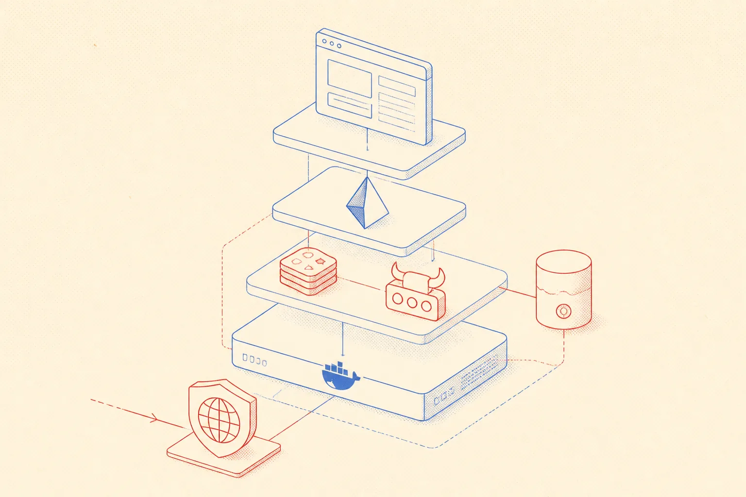 Diagramă tehnică izometrică a unui stack tehnologic fix: Next.js, Prisma, BullMQ, MinIO, Redis, Docker, Cloudflare dispuse ca straturi schematice interconectate