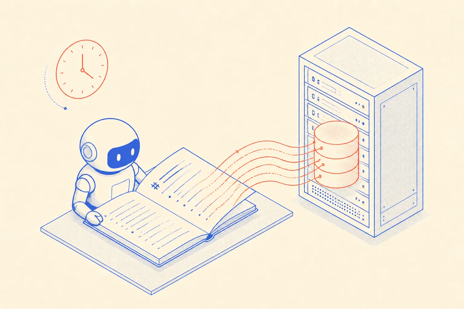Schema eines KI-Agenten, der eine Markdown-Gedächtnisdatei liest, um eine selbst gehostete Datenbank zu bedienen